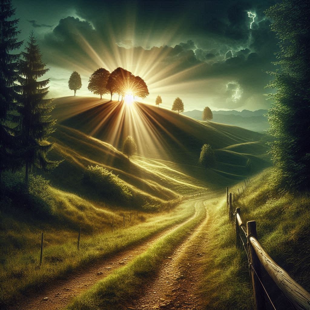 Microsoft CoPilot generated - an image of something shinning just over the hill on a path through hills with trees